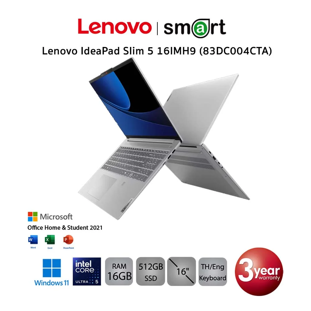 [ใช้โค้ด MAYBTS0300 ลดทันที 300.-]โน๊ตบุ๊ค Notebook Lenovo IdeaPad Slim 5 16IMH9 (83DC004CTA) Intel Core Ultra 5/16GB/512GB/16"/Win11+Office (Cloud Grey)