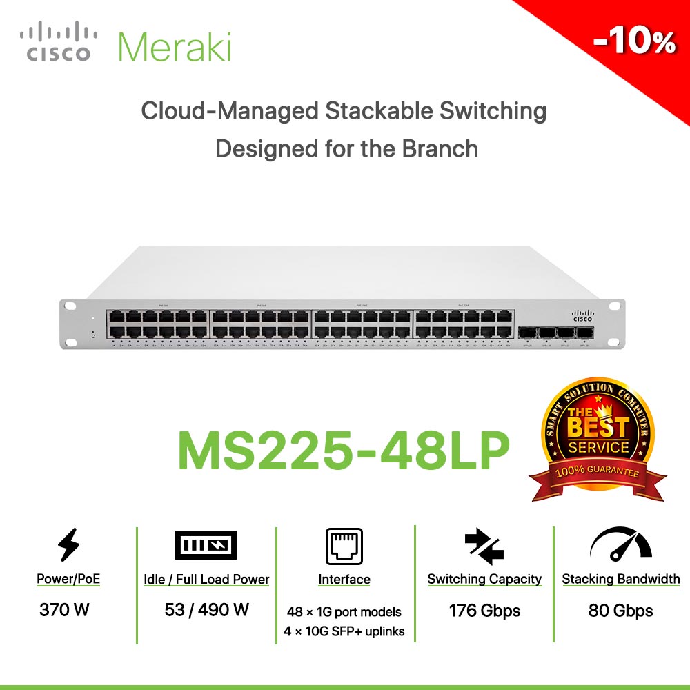 Cisco Meraki MS225-48FP Cloud-Managed Stackable Switching Designed for the Branch