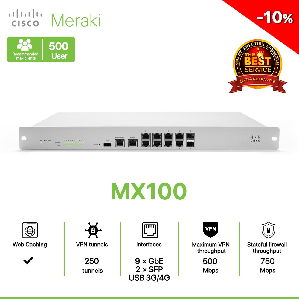 Cisco Meraki MX100 Router/Security Appliance Firewall Standard SET Powerful Networking and Security for Branches of Any Size