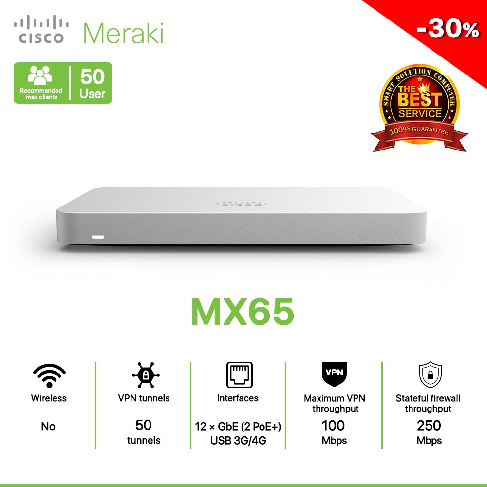 Cisco Meraki MX65 Router 100% Cloud Managed Security and SD-WAN