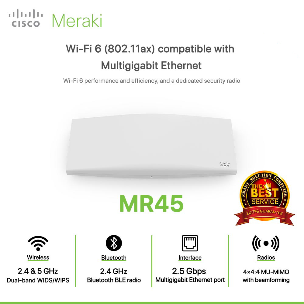 Cisco Meraki MR45 Wi-Fi 6 (802.11ax) compatible with Multigigabit Ethernet