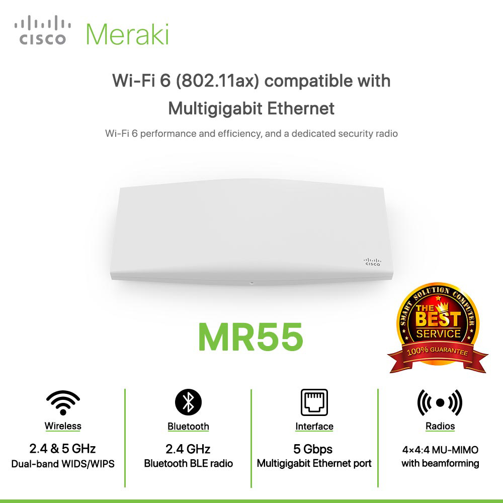 Cisco Meraki MR55 Wi-Fi 6 (802.11ax) compatible with Multigigabit Ethernet