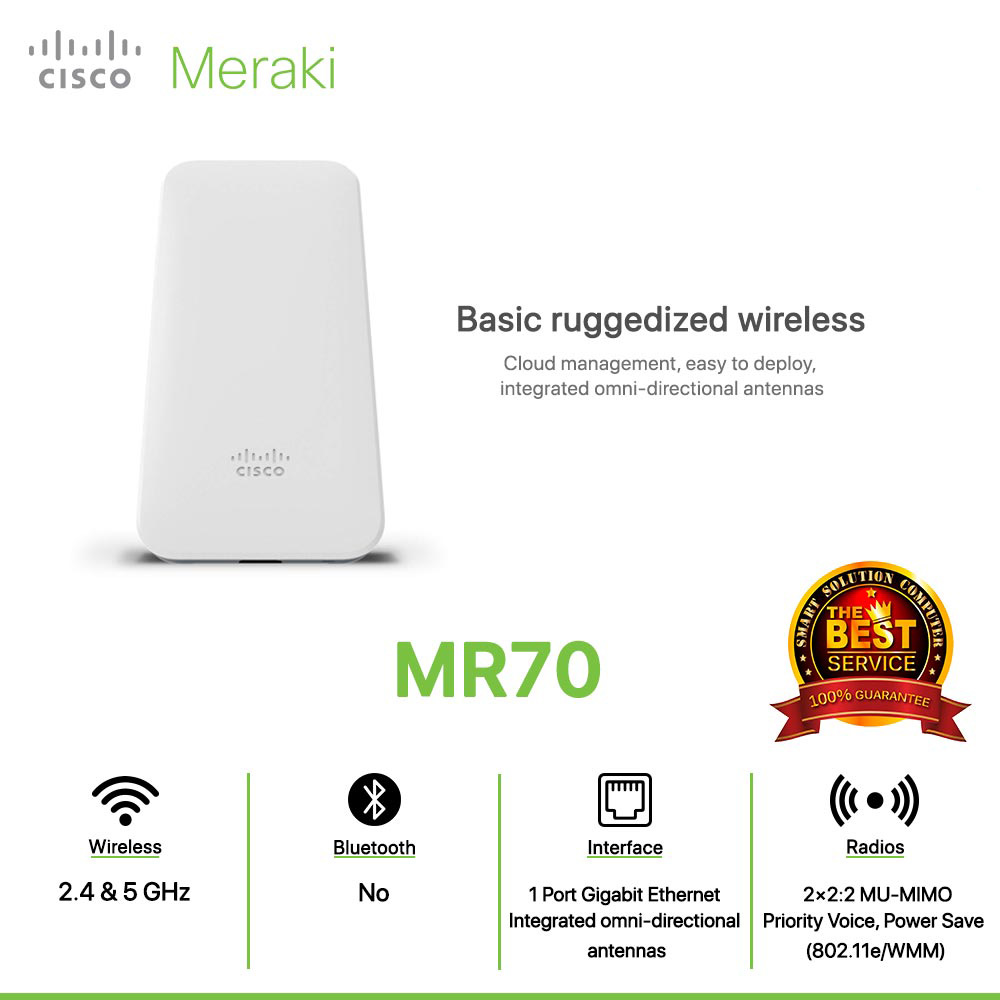 Cisco Meraki MR70 Basic ruggedized wireless Cloud management, easy to deploy, integrated omni-directional antennas