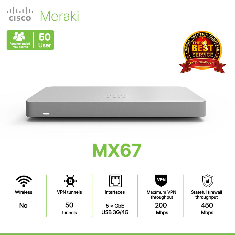 Cisco Meraki MX67 Router 100% Cloud Managed Security and SD-WAN