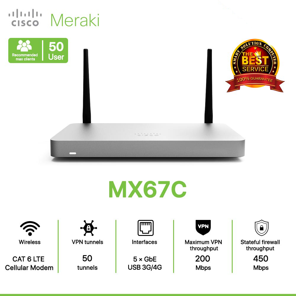 Cisco Meraki MX67C Router 100% Cloud Managed Security and SD-WAN, with LTE