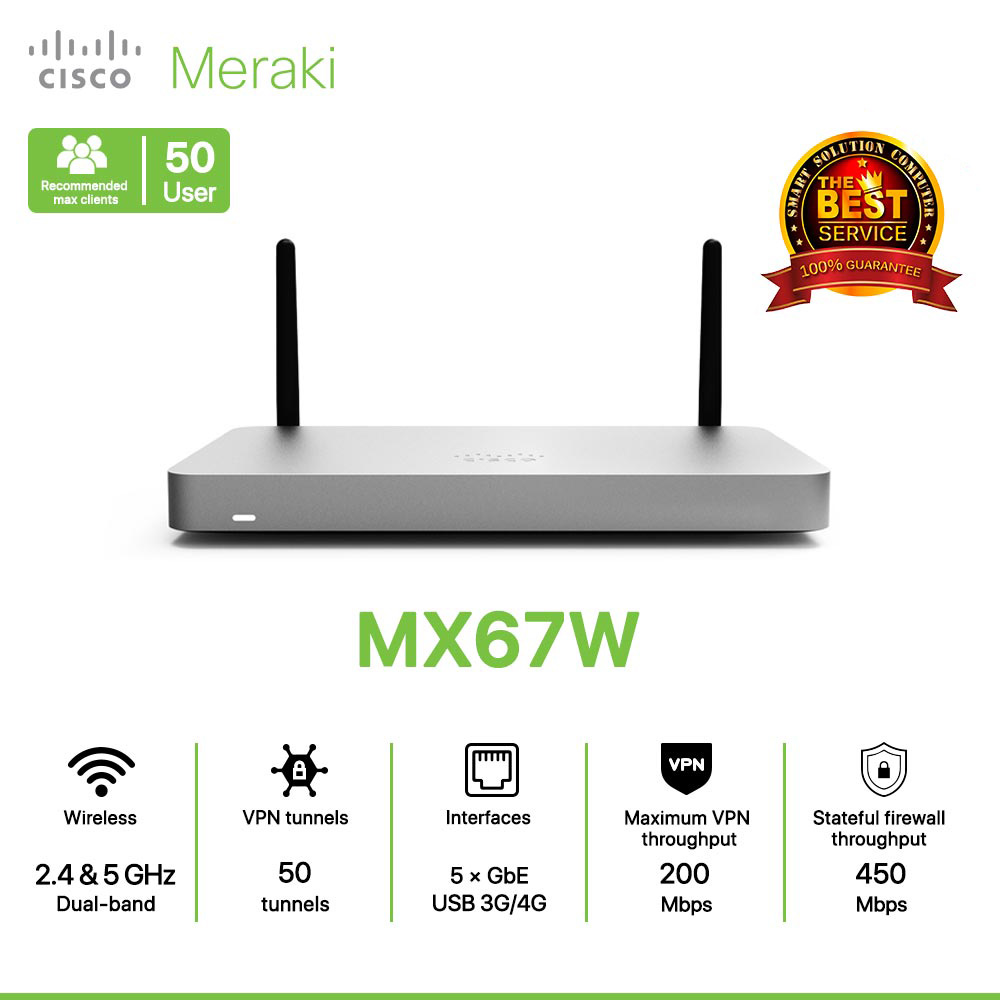 Cisco Meraki MX67W Router All in one Wireless, Security, and SD-WAN