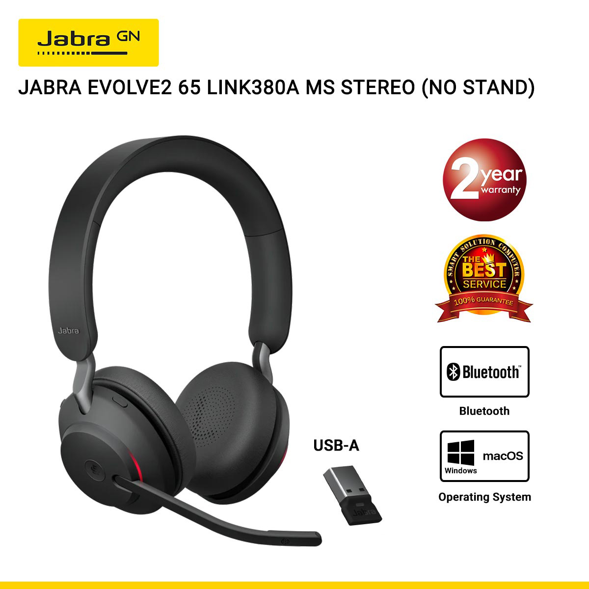 Jabra Evolve2 65 LINK380A MS Stereo BLACK USB-A (NO STAND) (JBA-26599-999-999)
