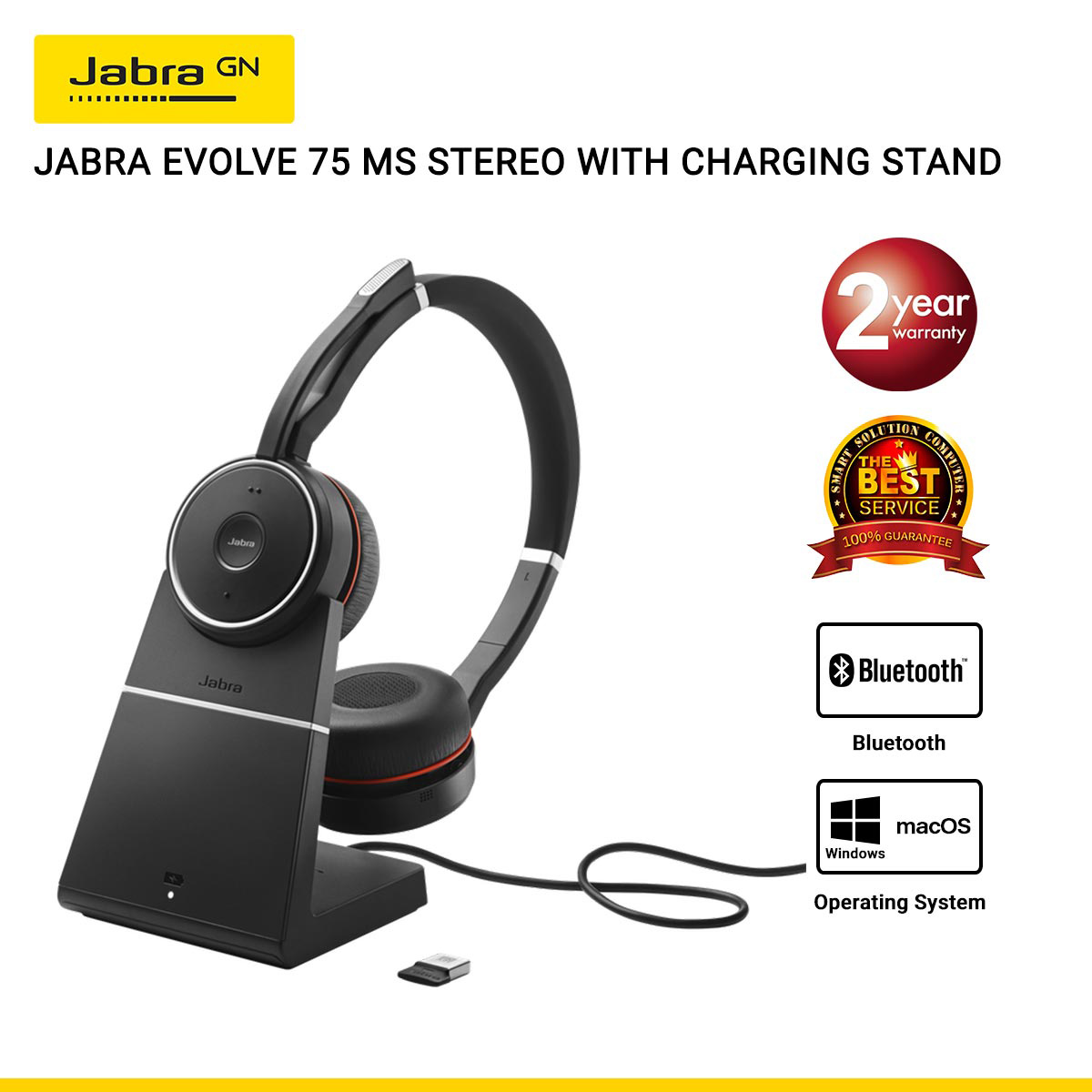 Jabra Evolve 75 MS Stereo USB-A With Charging Stand (JBA-7599-832-199)
