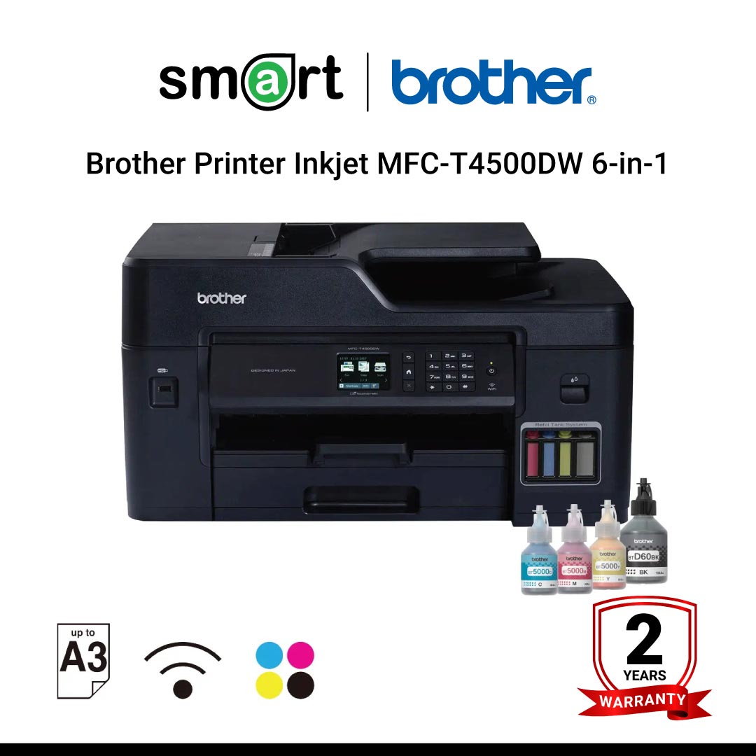 Brother Printer Inkjet MFC-T4500DW เครื่องมัลติฟังก์ชั่นระบบอิงค์เจ็ท Refill Tank System, 6-in-1: Print, Fax, Copy, Scan, PC Fax, Direct Print, พิมพ์ Full A3 Function (Print, Fax, Copy, Scan)