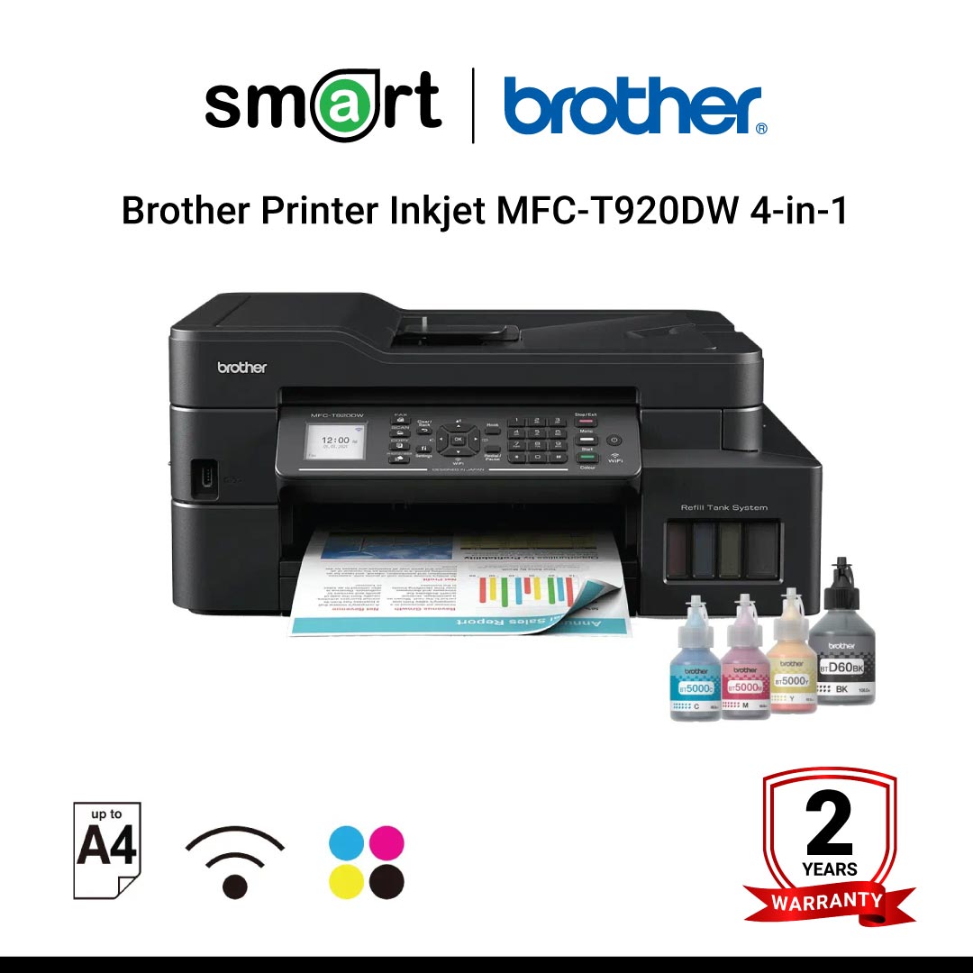 Brother Printer Inkjet MFC-T920DW เครื่องพิมพ์มัลติฟังก์ชันอิงค์เจ็ท ระบบแท็งก์ 4-in-1 Print, Copy, Scan, Fax