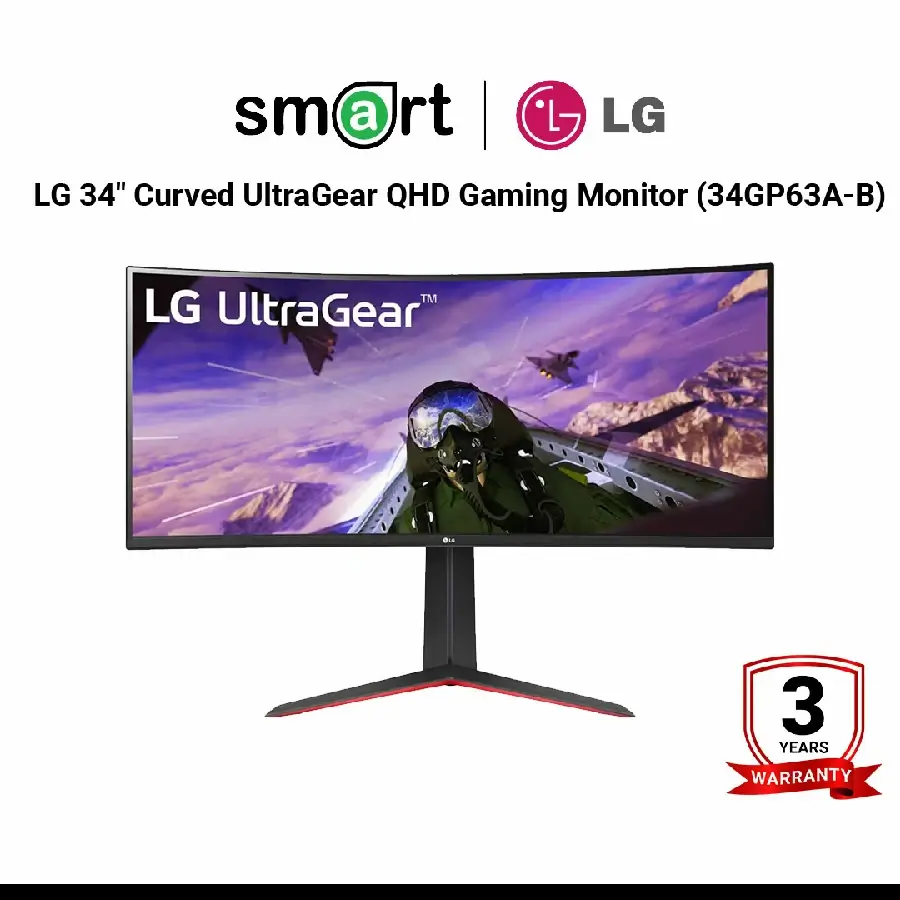จอมอนิเตอร์  LG 34" Curved UltraGear QHD 2K 160Hz Gaming Monitor (HDMIx2, Display Port) - 34GP63A-B
