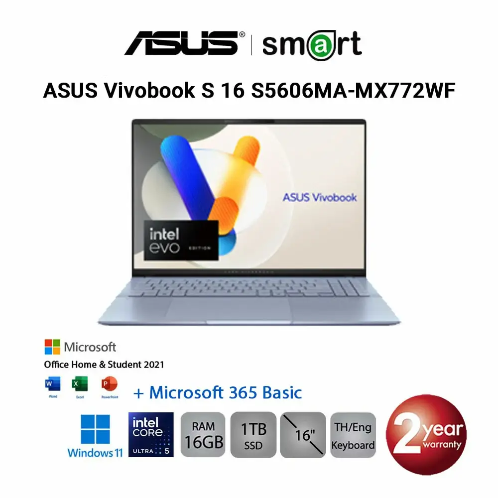 [ใช้โค้ด HLWPDNB2000 ลด 2,000.-] ASUS Vivobook S 16 S5606MA-MX772WF Intel Core Ultra 7/16GB/1TB/16.0/Win11+Office(Mist Blue)