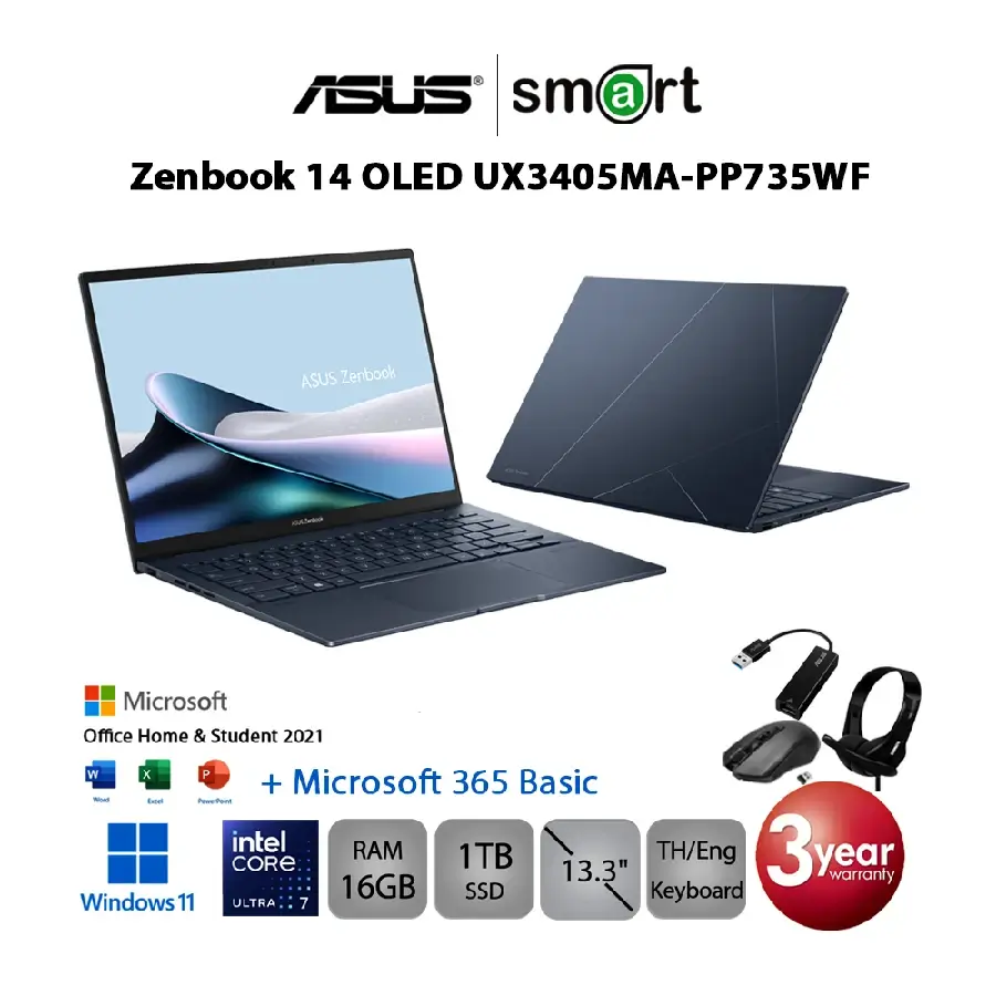 โน๊ตบุ๊ค Notebook Asus Zenbook 14 OLED UX3405MA-PP735WF Core Ultra 7/16GB/1TB/13.3/Win11+2 Office(Ponder Blue)