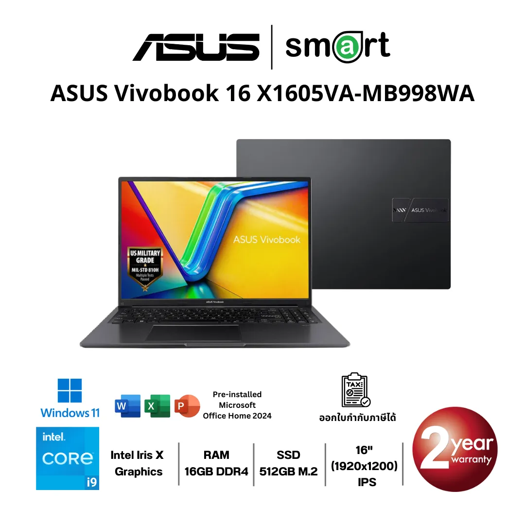 โน๊ตบุ๊ค Notebook ASUS Vivobook 16 X1605VA-MB998WA i9-13900H/16GB/512GB/16.0"/Win11+Office (Indie Black)