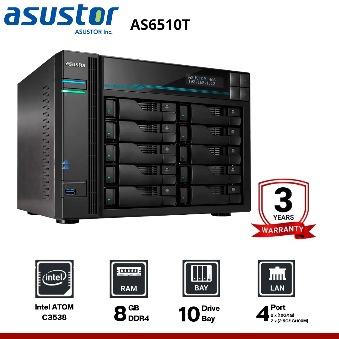 Asustor LOCKERSTOR 10 AS6510T 10-Bay Nas อุปกรณ์จัดเก็บข้อมูลบนเครือข่าย