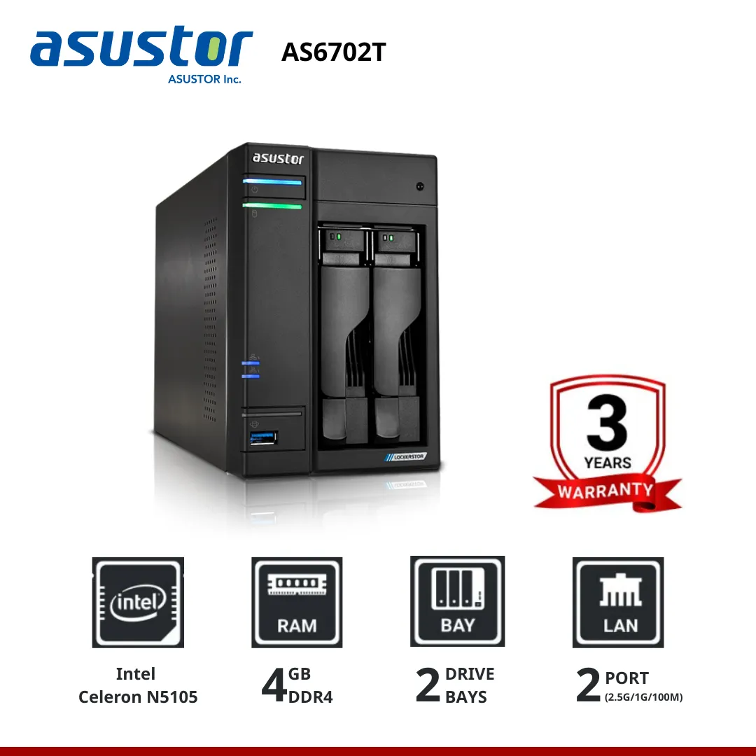 Asustor LOCKERSTOR 2 Gen2 AS6702T 2-Bay NAS  อุปกรณ์จัดเก็บข้อมูลบนเครือข่าย