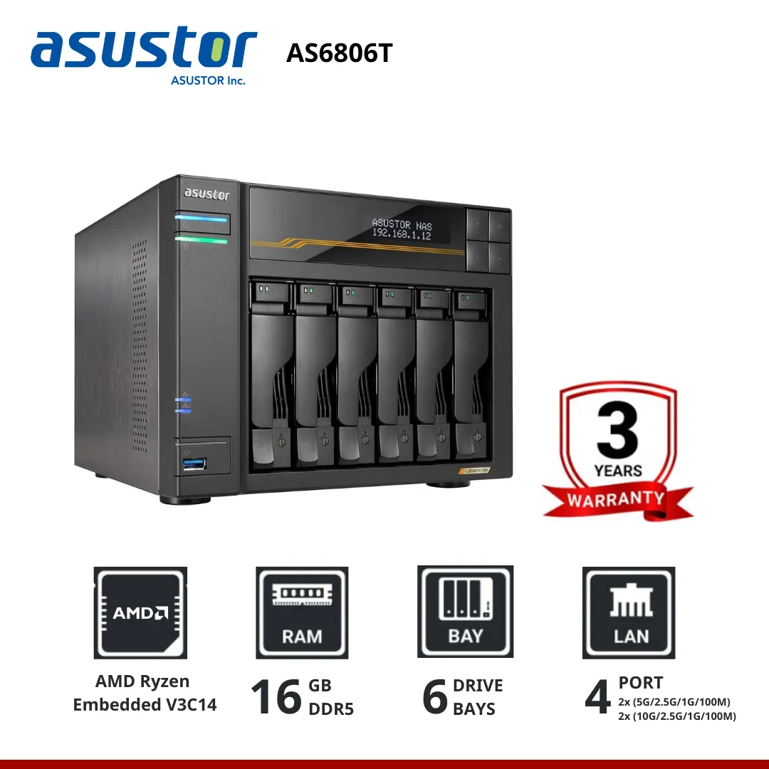 Asustor LOCKERSTOR 6 Gen3 AS6806T 6-Bay Nas &nbsp;อุปกรณ์จัดเก็บข้อมูลบนเครือข่าย