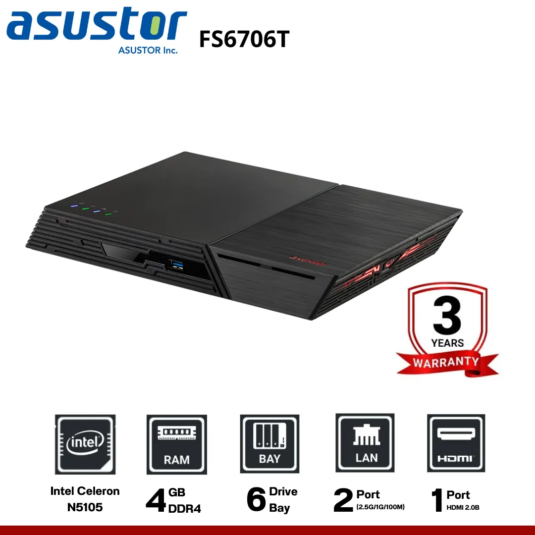 Asustor FLASHSTOR 6 FS6706T 6-Slot SSD M.2 NVMe NAS  อุปกรณ์จัดเก็บข้อมูลบนเครือข่าย