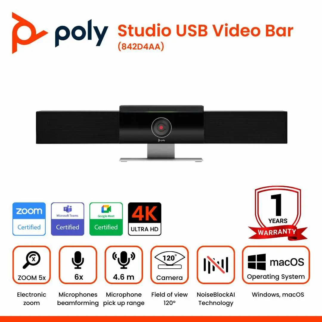 Poly Studio USB Video Bar (HPI-842D4AA) วีดีโอบาร์สำหรับการประชุม 4K เคลื่อนย้ายและติดตั้งได้ง่ายด้วย USB สีดำ
