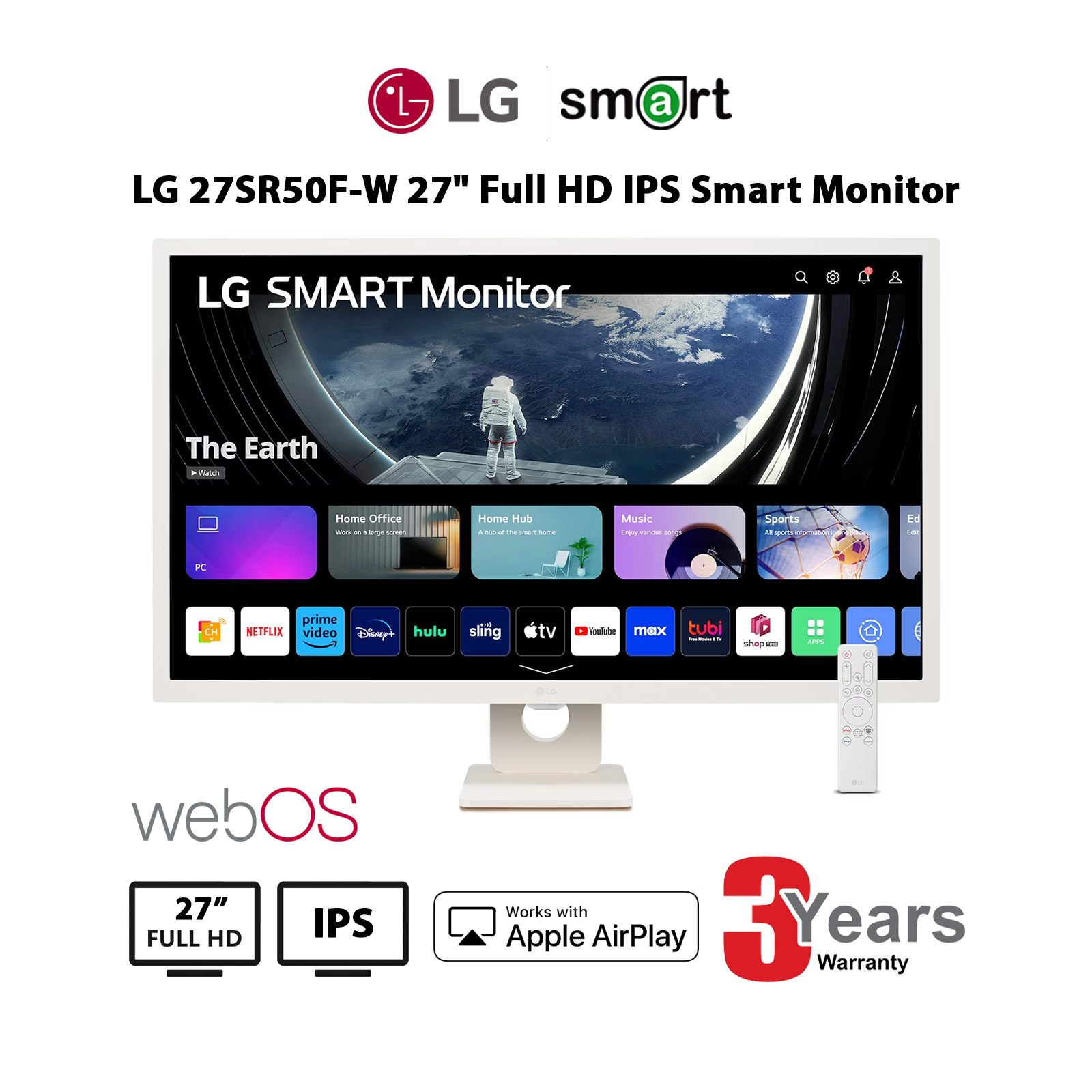 จอมอนิเตอร์  LG 27" 27SR50F-W Full HD IPS Smart Monitor with webOS