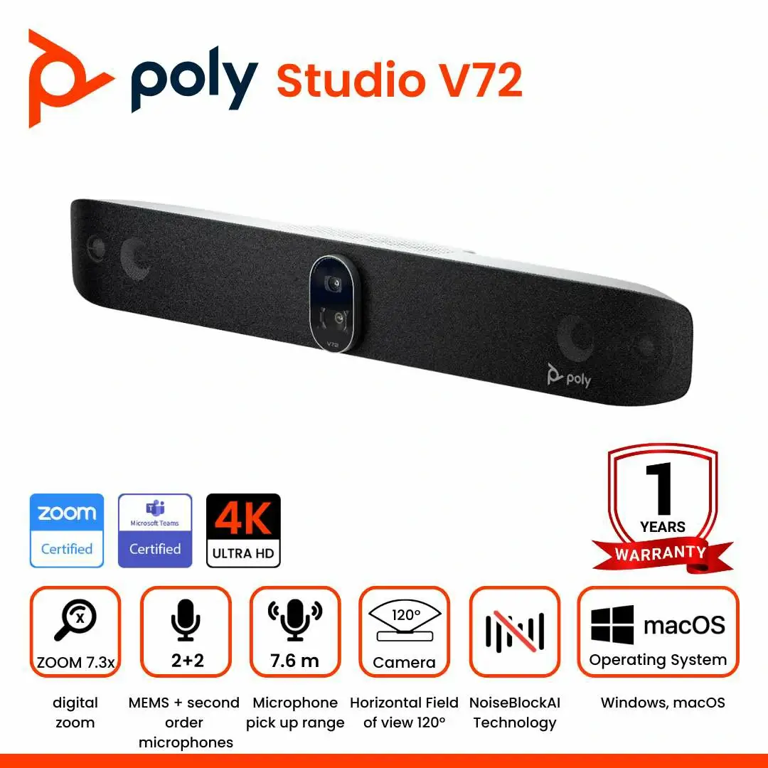 Poly Studio V72 Premium USB video bar for large conference spaces