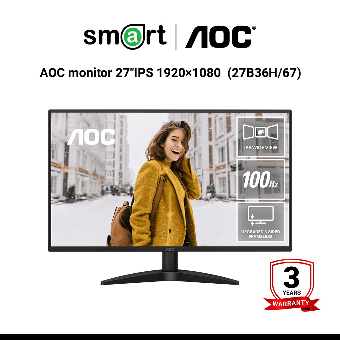 จอมอนิเตอร์ AOC monitor 27"IPS 1920×1080 @100Hz,4ms,250cd/m²,HDMI1.4×1,VGA×1 - 27B36H/67