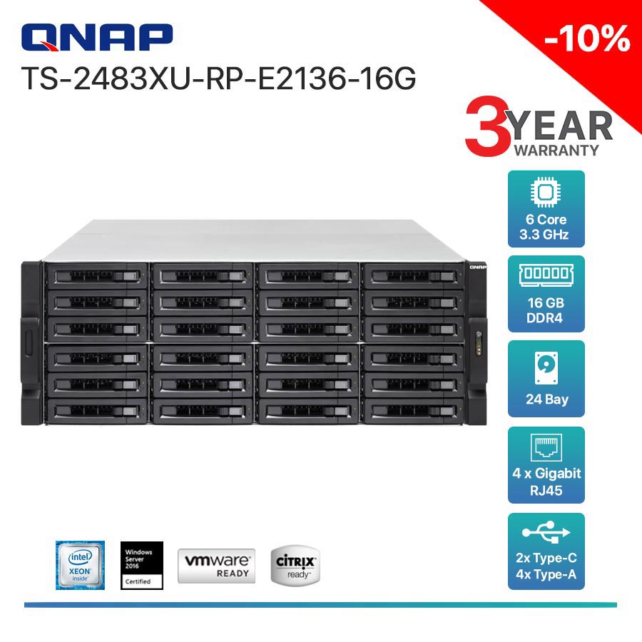 QNAP TS-2483XU-RP-E2136-16G 24-Bay + Rack mount อุปกรณ์จัดเก็บข้อมูลบนเครือข่าย