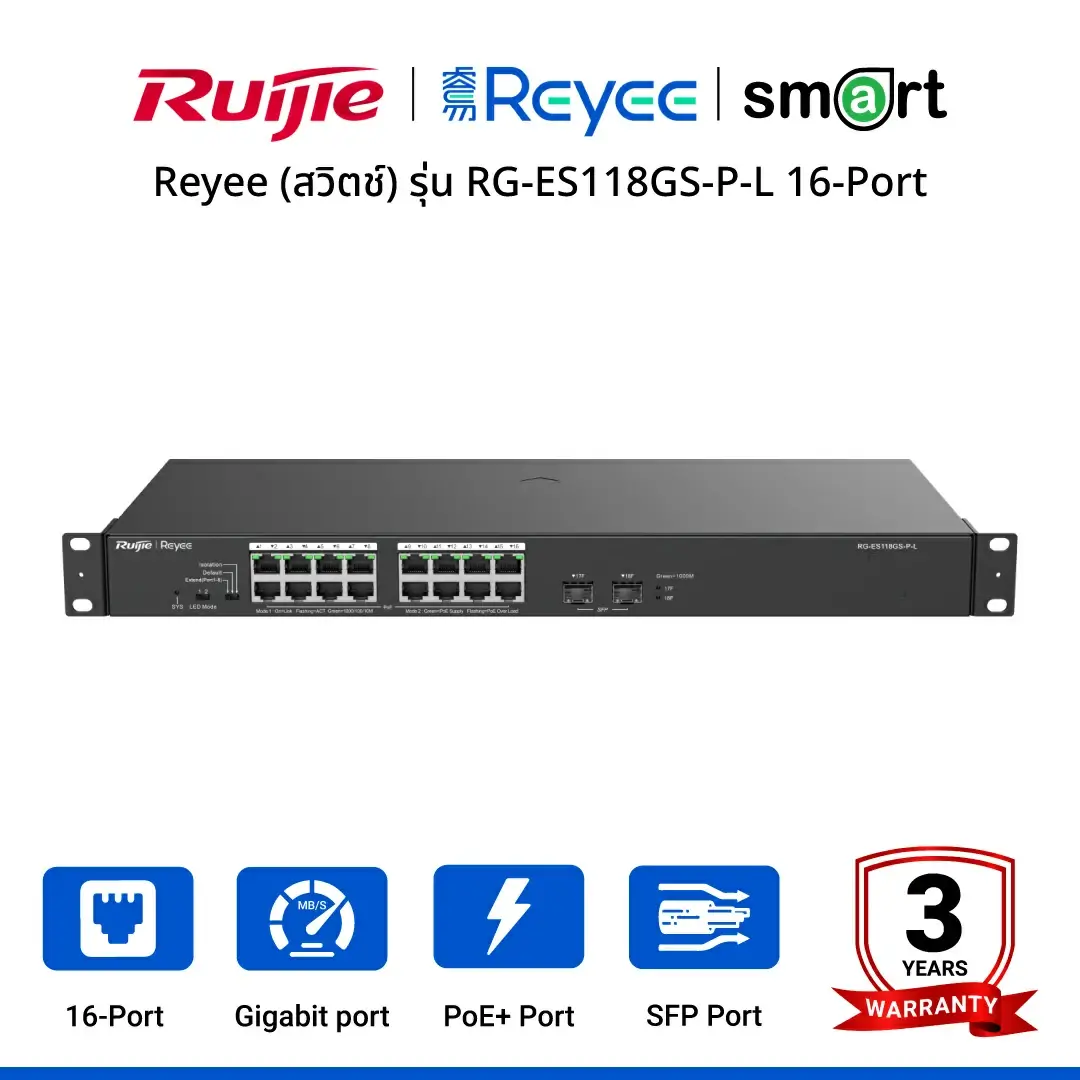 Reyee (สวิตช์) รุ่น RG-ES118GS-P-L 16-Port 1000Mbps + 2 Gigabit SFP Ports Unmanaged PoE Switch
