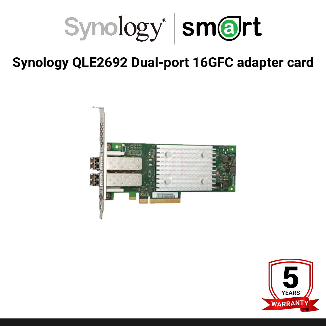 Synology QLE2692 Dual-port 16GFC adapter card for Fibre Channel SAN environment ,ships with two SR optical transceivers, 3-year warranty , please check for compatible models | กรุณาติดต่อเจ้าหน้าเพื่อเช็คสินค้าก่อนทำการสั่งซื้อ