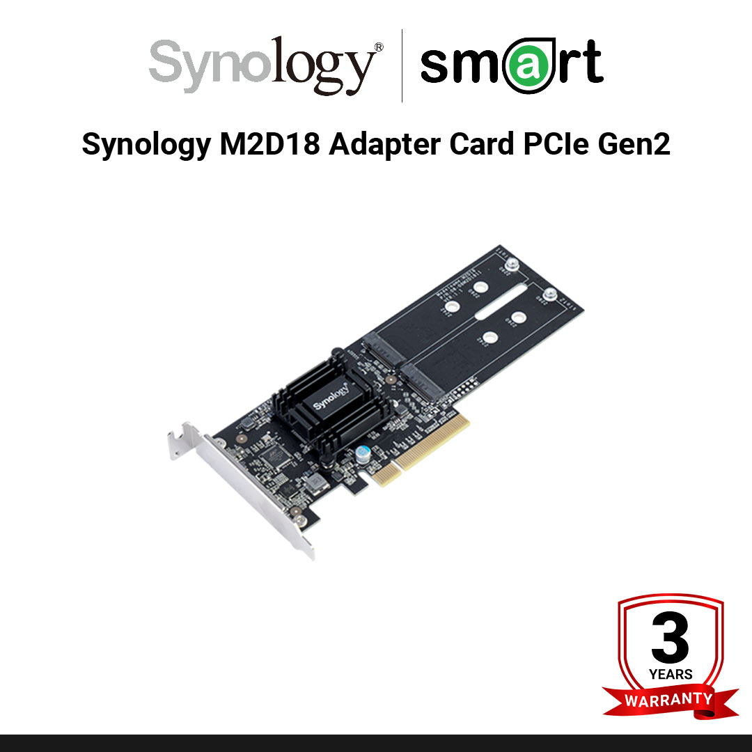 Synology M2D18 Adapter Card PCIe Gen2 x8 adapter card for Dual M.2 NVMe / SATA SSD slots on DS1819+, FS1018, DS3018xs, RS2818RP+, RS2418(RP)+ | กรุณาติดต่อเจ้าหน้าเพื่อเช็คสินค้าก่อนทำการสั่งซื้อ