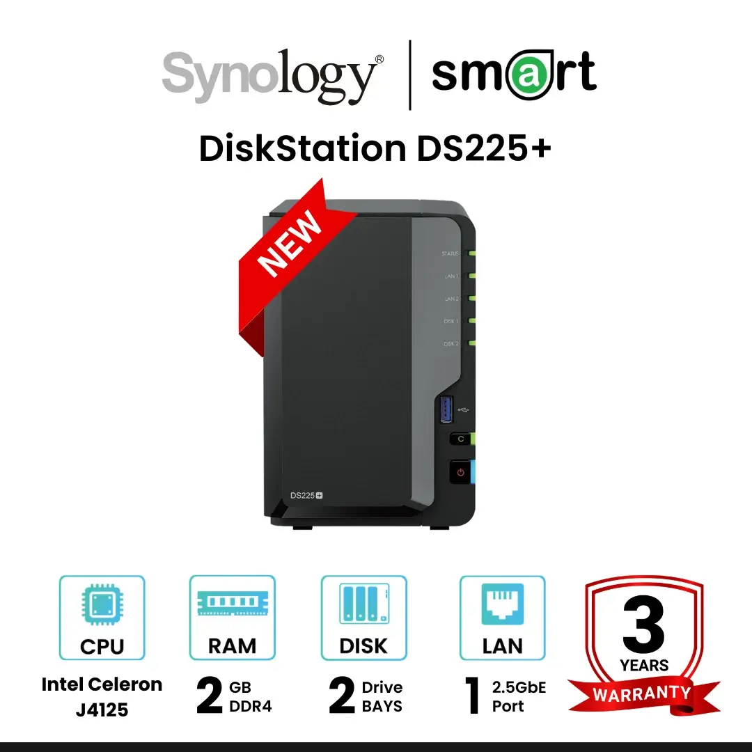 ‼️สินค้าพร้อมจำหน่าย‼️ Synology DiskStation DS225+ 2-Bay NAS อุปกรณ์จัดเก็บข้อมูลบนเครือข่าย