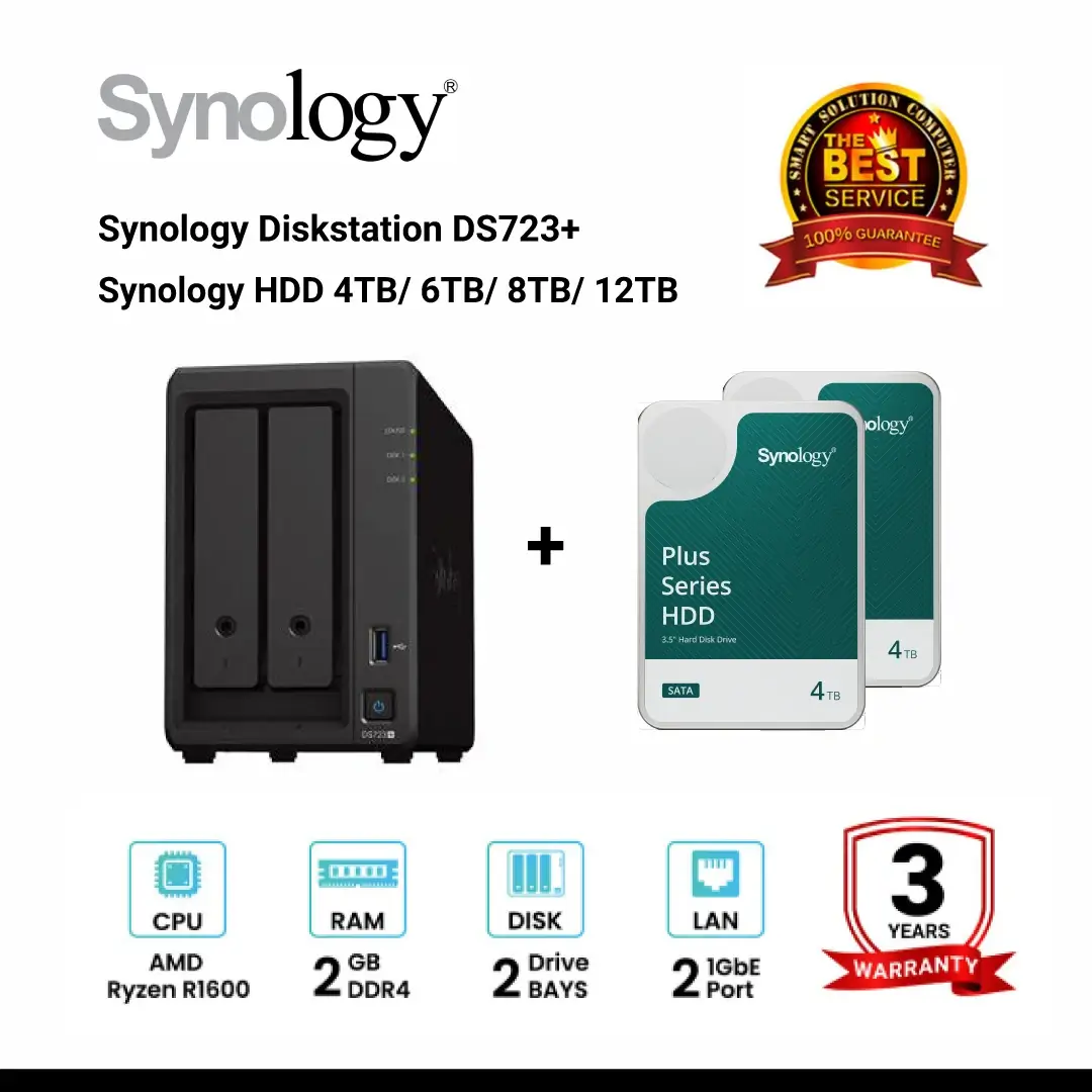 [ใช้โค้ด 11DDAYSNL0651 ลด 651.-] [NEW]- Synology DiskStation DS723+ 2-Bay NAS + Synology HDD 4TB/6TB/8TB/12TB