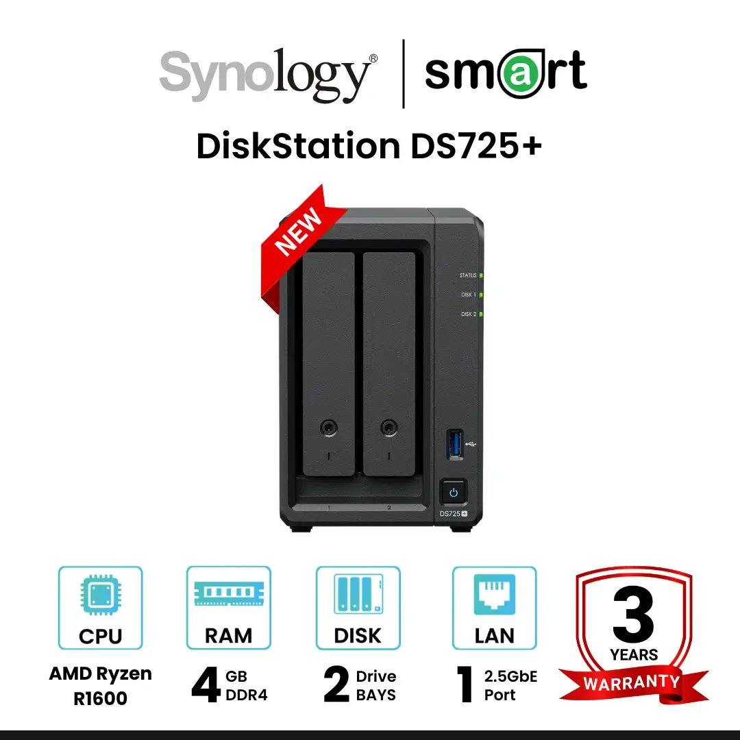 ‼️สินค้าพร้อมจำหน่าย‼️ Synology DiskStation DS725+ 2-Bay NAS อุปกรณ์จัดเก็บข้อมูลบนเครือข่าย