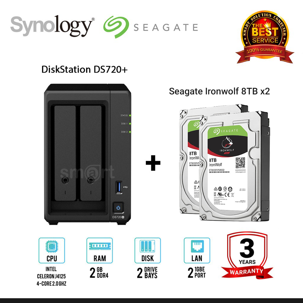 Synology DiskStation DS720+ 2-bay NAS + Seagate Ironwolf 4TB (ST4000VN008) x 2