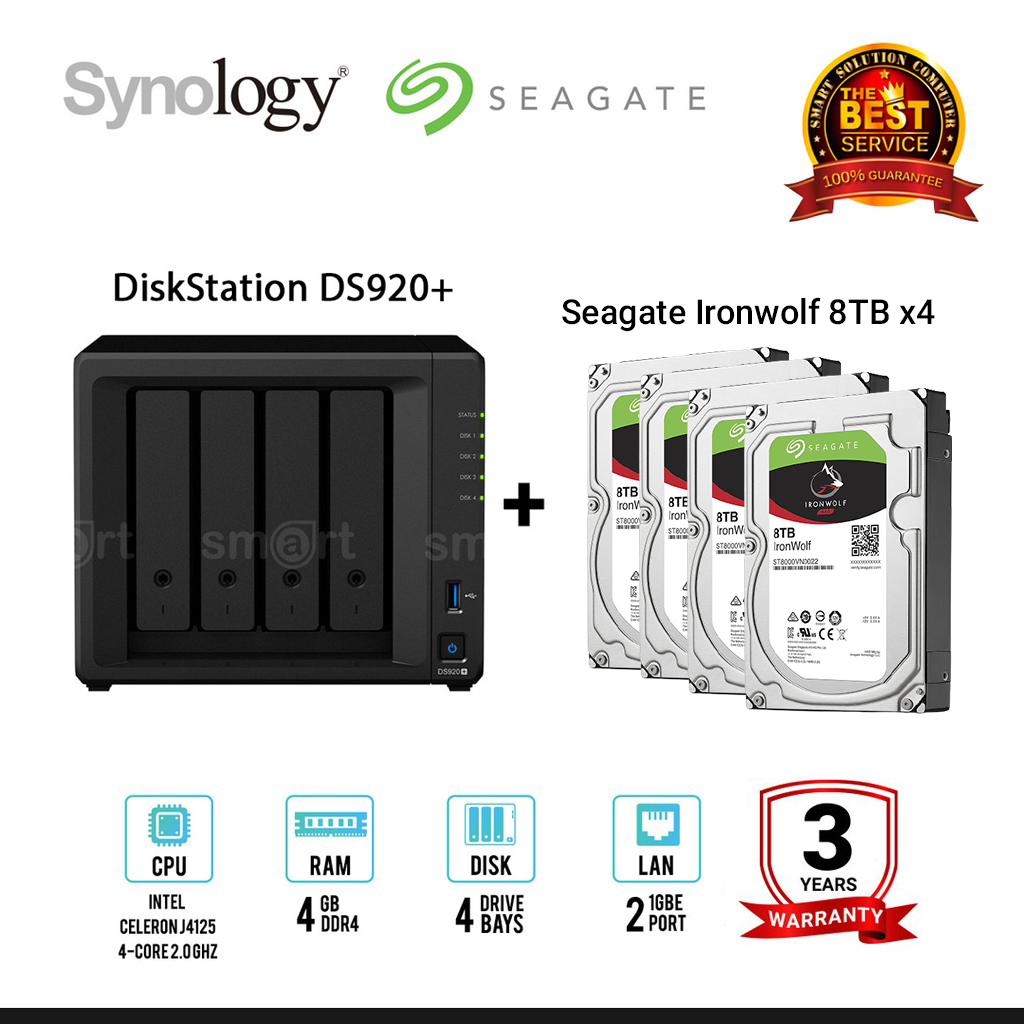 Synology DiskStation DS920+ 4-bay NAS + Seagate Ironwolf 4TB (ST4000VN008) x 4