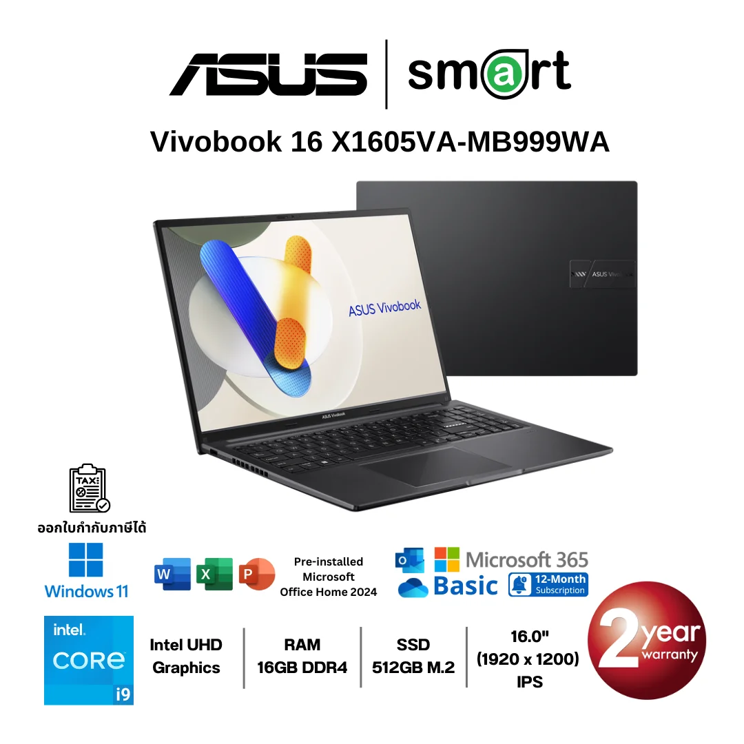 [ใช้โค้ด MAYBTS0300 ลดทันที 300.-]ASUS Vivobook 16 X1605VA-MB999WA i9-13900H/16GB/512GB/16.0"/Win11+Office (Indie Black)